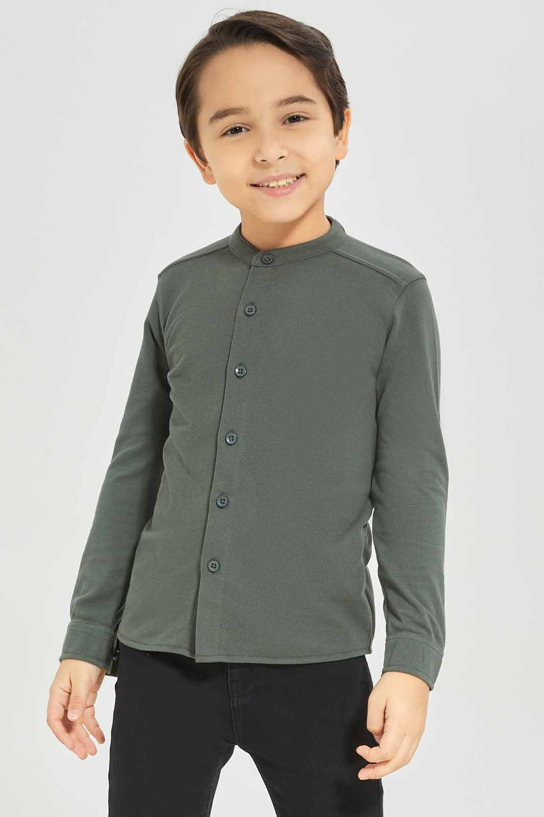 Redtag-Boys-Olive-Long-Sleeve-Pique-Shirt-BOY-Shirts,-Category:Shirts,-Colour:Green,-Deals:New-In,-Dept:Boys,-Filter:Boys-(2-to-8-Yrs),-New-In-BOY-APL,-Non-Sale,-S23A,-Section:Boys-(0-to-14Yrs),-TBL-Boys-2 to 8 Years