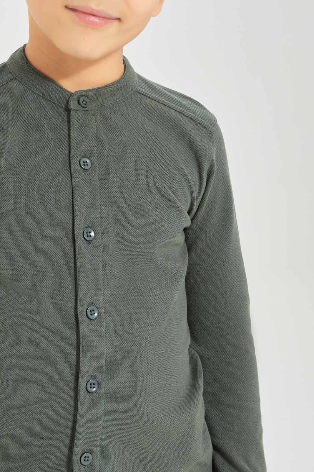Redtag-Boys-Olive-Long-Sleeve-Pique-Shirt-BOY-Shirts,-Category:Shirts,-Colour:Green,-Deals:New-In,-Dept:Boys,-Filter:Boys-(2-to-8-Yrs),-New-In-BOY-APL,-Non-Sale,-S23A,-Section:Boys-(0-to-14Yrs),-TBL-Boys-2 to 8 Years