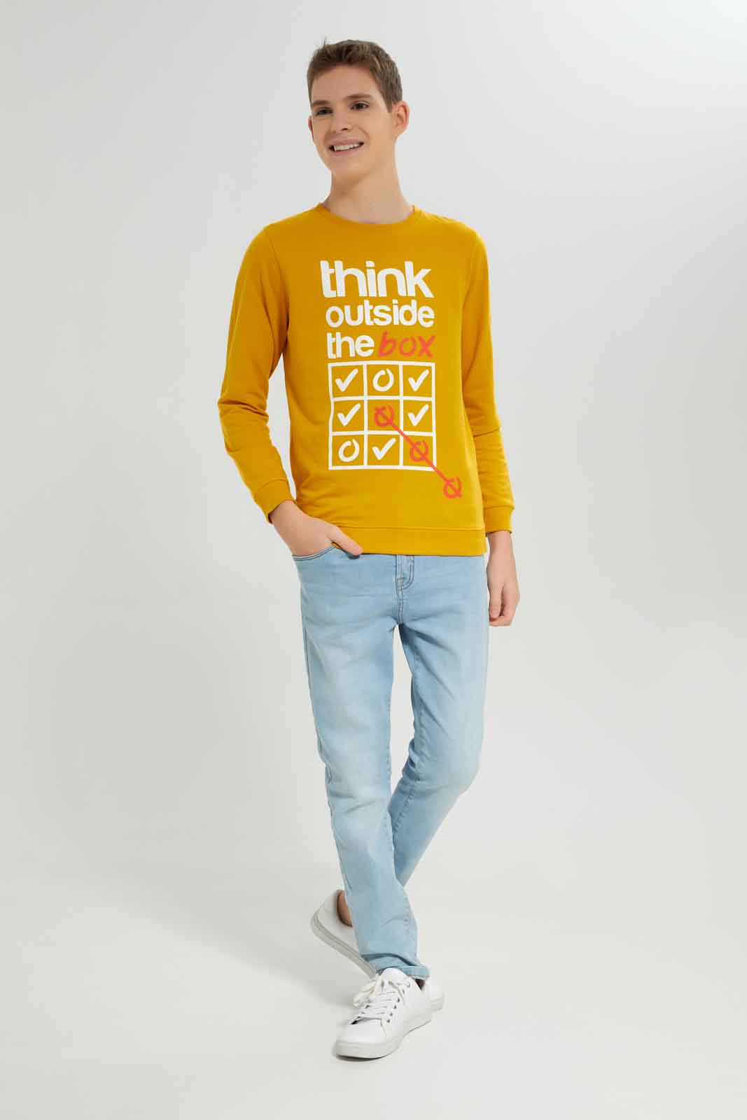 Redtag-Boys-Mustard-Think-Outside-The-Box-Long-Sleeve-Graphic-Sweat-Tee-BSR-Sweatshirts,-Category:Sweatshirts,-Colour:Mustard,-Deals:New-In,-Dept:Boys,-Filter:Senior-Boys-(8-to-14-Yrs),-New-In-BSR-APL,-Non-Sale,-S23A,-Section:Boys-(0-to-14Yrs),-TBL-Senior-Boys-9 to 14 Years