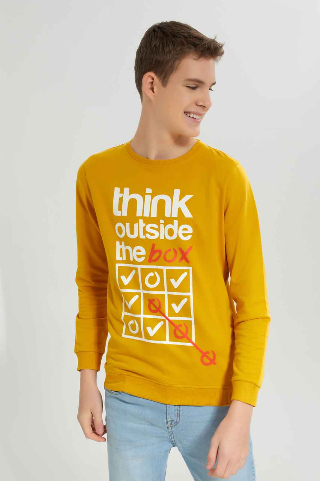 Redtag-Boys-Mustard-Think-Outside-The-Box-Long-Sleeve-Graphic-Sweat-Tee-BSR-Sweatshirts,-Category:Sweatshirts,-Colour:Mustard,-Deals:New-In,-Dept:Boys,-Filter:Senior-Boys-(8-to-14-Yrs),-New-In-BSR-APL,-Non-Sale,-S23A,-Section:Boys-(0-to-14Yrs),-TBL-Senior-Boys-9 to 14 Years