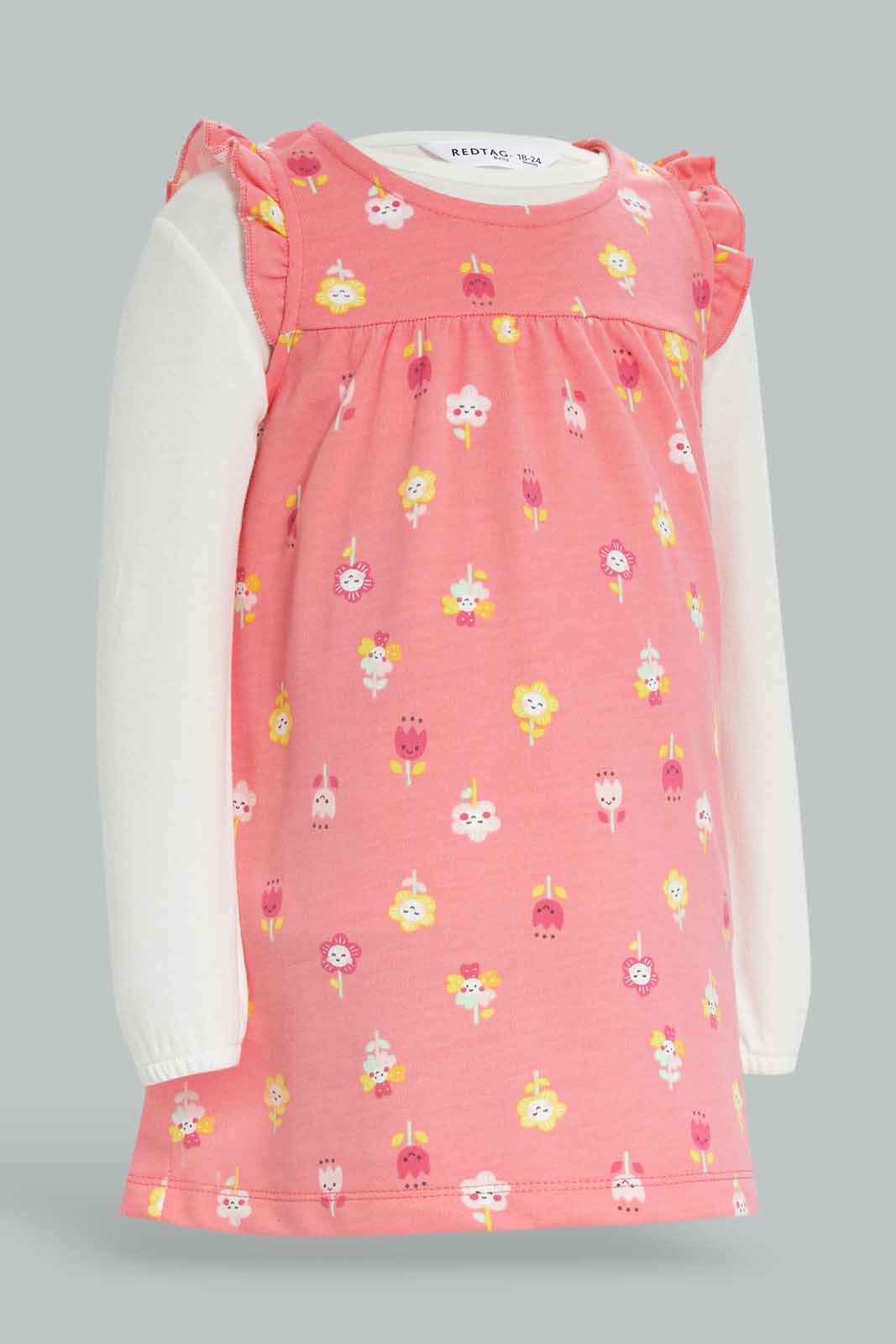 Redtag-Girls-Pink-Floral-All-Over-Print-Dress-With-T-Shirt-Category:Dresses,-Colour:Apricot,-Deals:New-In,-Dept:Girls,-Filter:Infant-Girls-(3-to-24-Mths),-ING-Dresses,-New-In-ING-APL,-Non-Sale,-S23A,-Section:Girls-(0-to-14Yrs)-Infant-Girls-