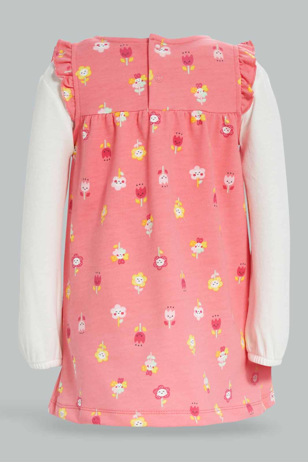 Redtag-Girls-Pink-Floral-All-Over-Print-Dress-With-T-Shirt-Category:Dresses,-Colour:Apricot,-Deals:New-In,-Dept:Girls,-Filter:Infant-Girls-(3-to-24-Mths),-ING-Dresses,-New-In-ING-APL,-Non-Sale,-S23A,-Section:Girls-(0-to-14Yrs)-Infant-Girls-