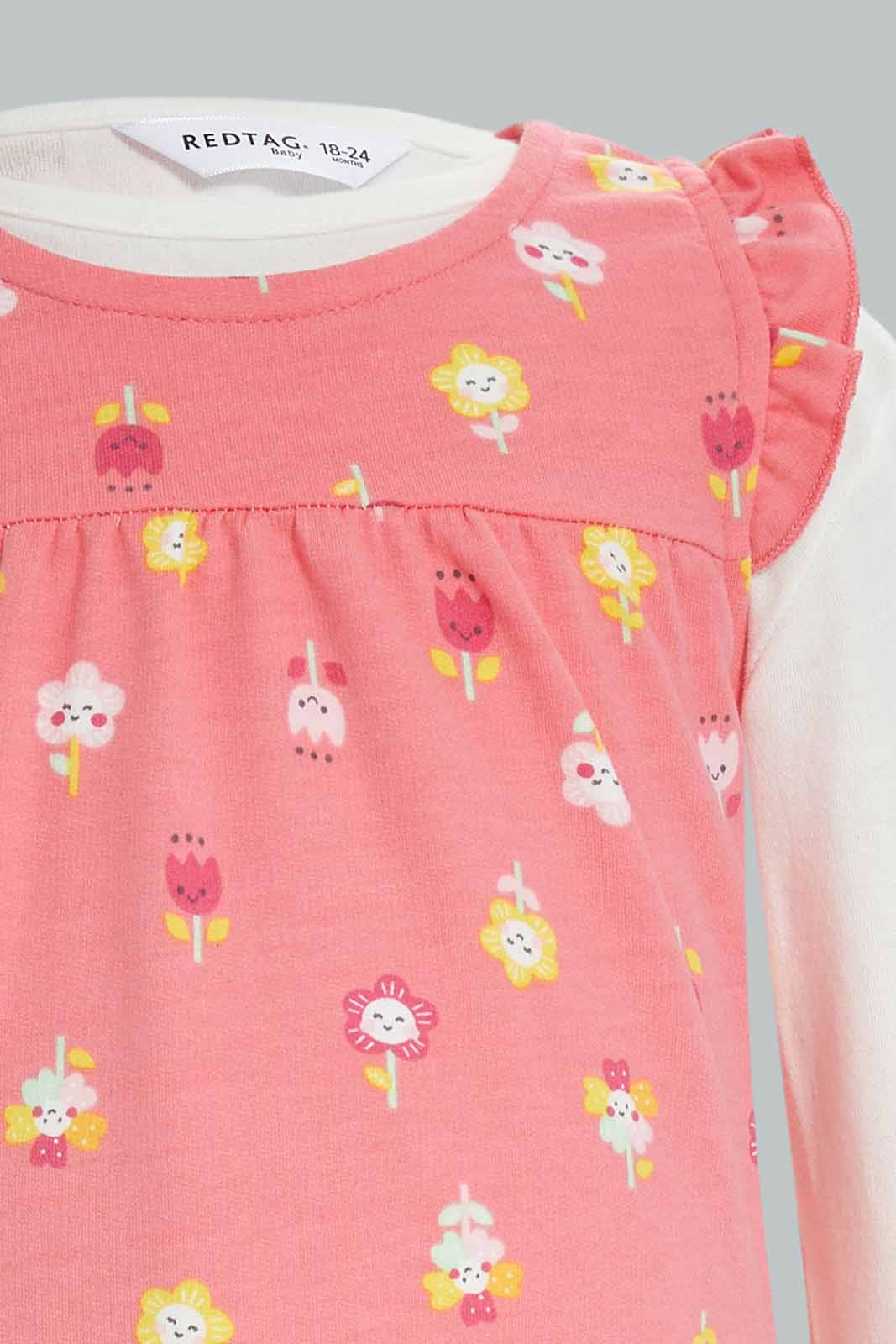 Redtag-Girls-Pink-Floral-All-Over-Print-Dress-With-T-Shirt-Category:Dresses,-Colour:Apricot,-Deals:New-In,-Dept:Girls,-Filter:Infant-Girls-(3-to-24-Mths),-ING-Dresses,-New-In-ING-APL,-Non-Sale,-S23A,-Section:Girls-(0-to-14Yrs)-Infant-Girls-