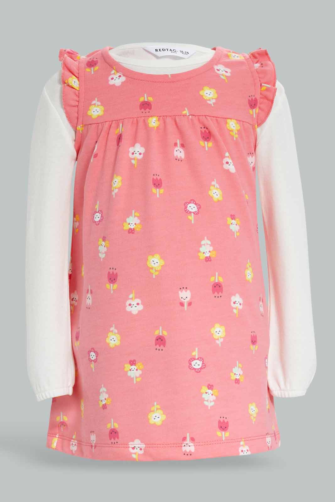 Redtag-Girls-Pink-Floral-All-Over-Print-Dress-With-T-Shirt-Category:Dresses,-Colour:Apricot,-Deals:New-In,-Dept:Girls,-Filter:Infant-Girls-(3-to-24-Mths),-ING-Dresses,-New-In-ING-APL,-Non-Sale,-S23A,-Section:Girls-(0-to-14Yrs)-Infant-Girls-