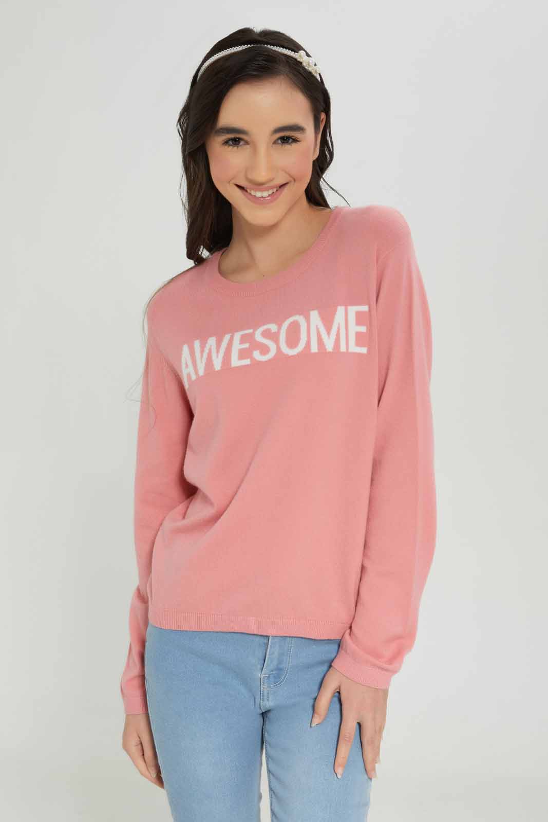 Redtag-Girls-Pink-Basic-Pullover-Category:Pullovers,-Colour:Apricot,-Deals:New-In,-Dept:Girls,-Filter:Senior-Girls-(8-to-14-Yrs),-GSR-Pullovers,-New-In-GSR-APL,-Non-Sale,-S23A,-Section:Girls-(0-to-14Yrs),-TBL-Senior-Girls-9 to 14 Years
