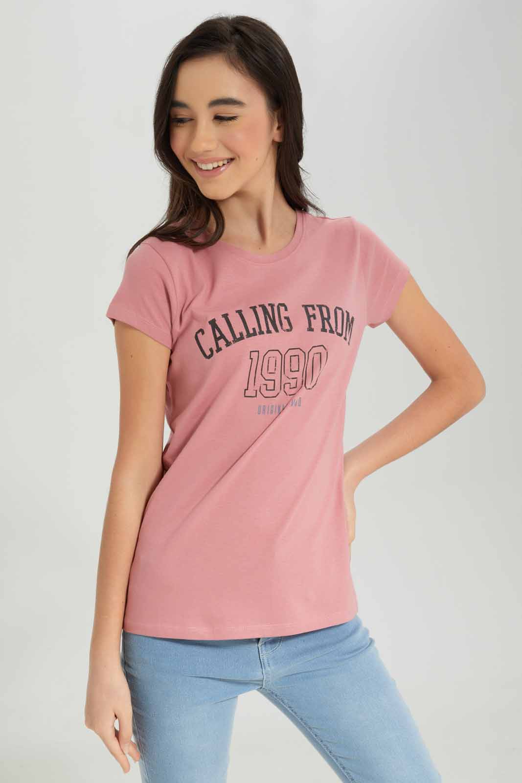 Redtag-Girls-Pale-Pink-S/S-T-Shirt-Category:T-Shirts,-Colour:Apricot,-Deals:New-In,-Dept:Girls,-Filter:Senior-Girls-(8-to-14-Yrs),-GSR-T-Shirts,-New-In-GSR-APL,-Non-Sale,-S23A,-Section:Girls-(0-to-14Yrs),-TBL-Senior-Girls-9 to 14 Years
