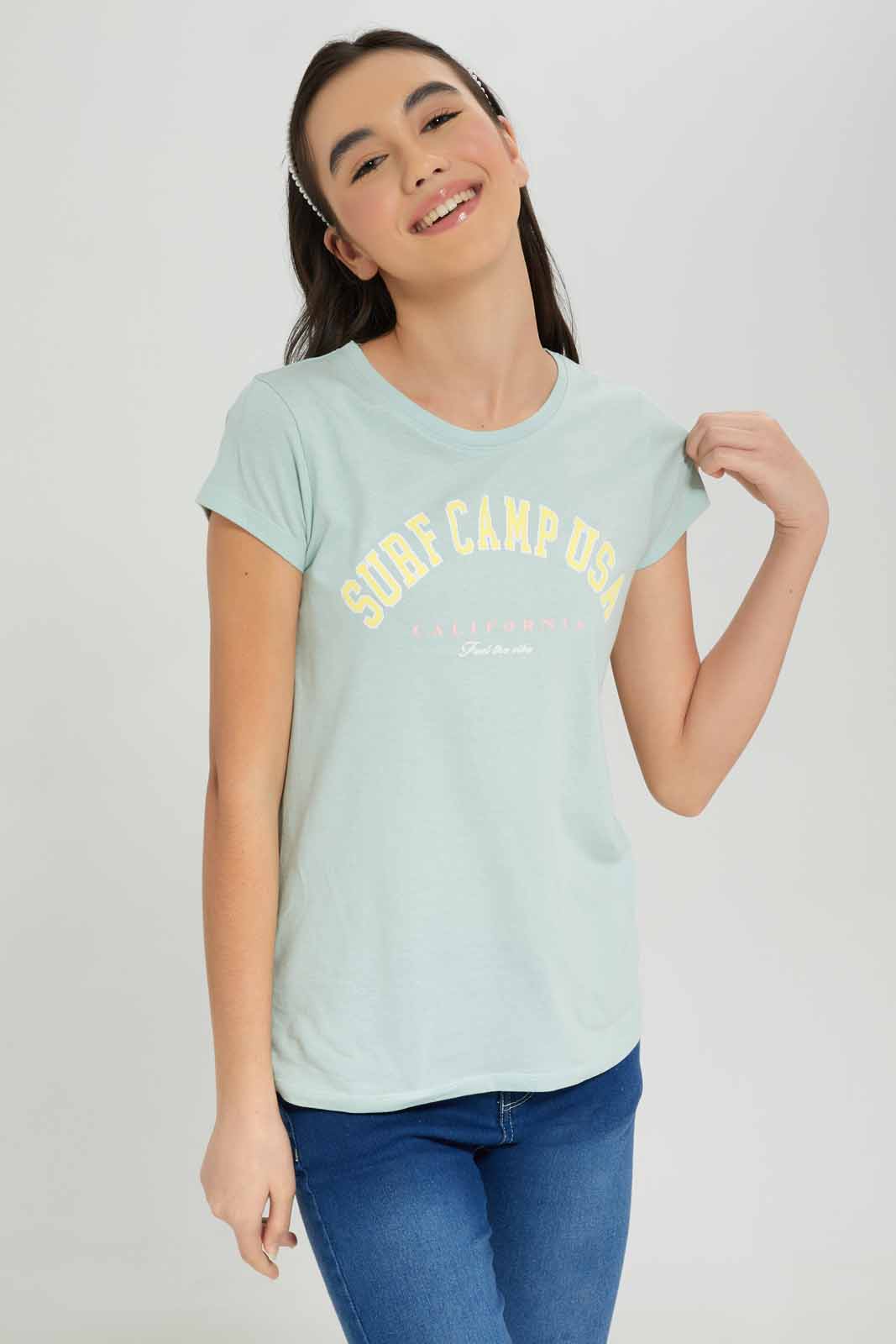 Redtag-Girls-Green-S/S-T-Shirt-Category:T-Shirts,-Colour:Green,-Deals:New-In,-Dept:Girls,-Filter:Senior-Girls-(8-to-14-Yrs),-GSR-T-Shirts,-New-In-GSR-APL,-Non-Sale,-S23A,-Section:Girls-(0-to-14Yrs),-TBL-Senior-Girls-9 to 14 Years