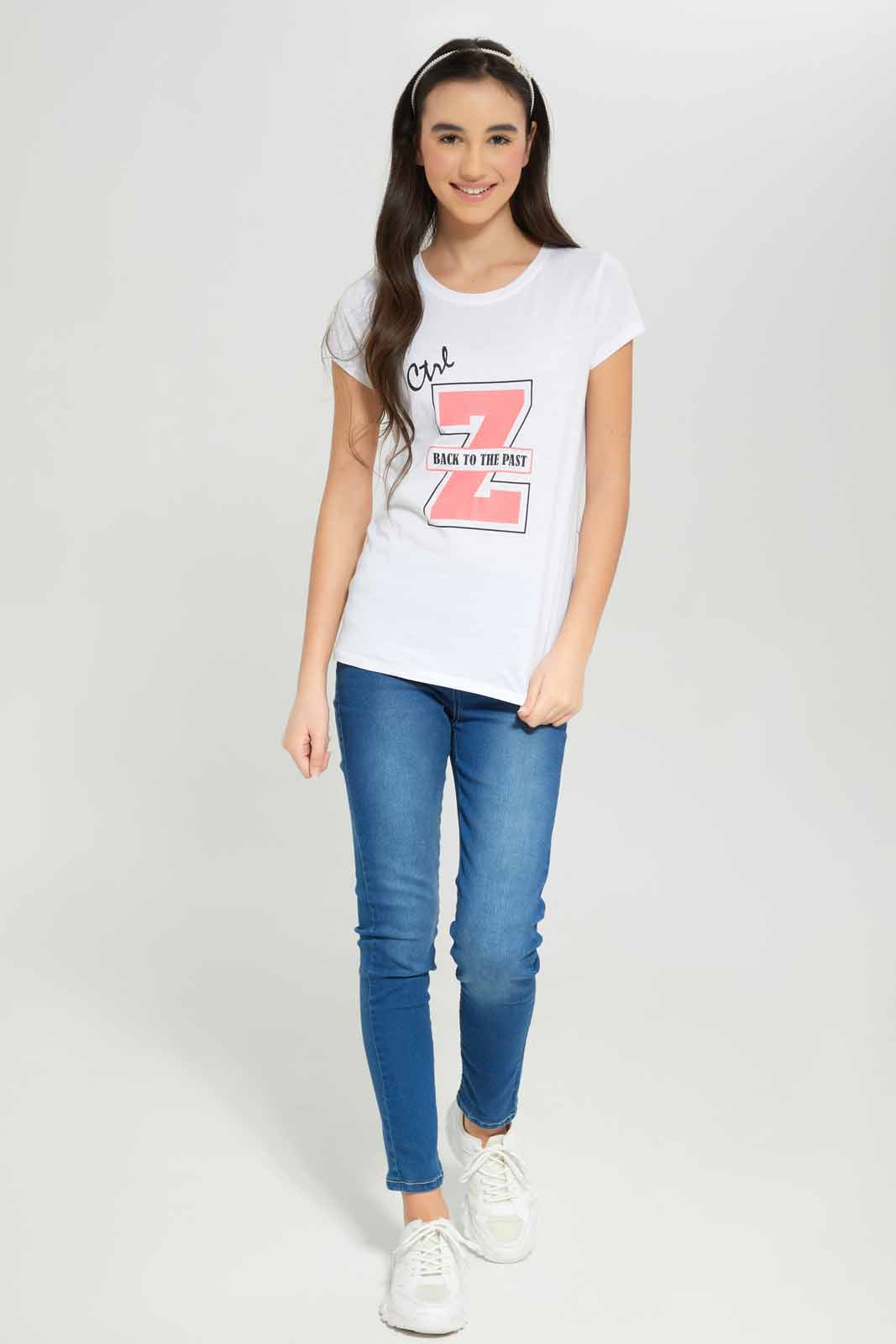 Redtag-Girls-White-S/S-T-Shirt-BTS,-Category:T-Shirts,-Colour:White,-Deals:New-In,-Dept:Girls,-Filter:Senior-Girls-(8-to-14-Yrs),-GSR-T-Shirts,-New-In-GSR-APL,-Non-Sale,-S23A,-Section:Girls-(0-to-14Yrs),-TBL-Senior-Girls-9 to 14 Years