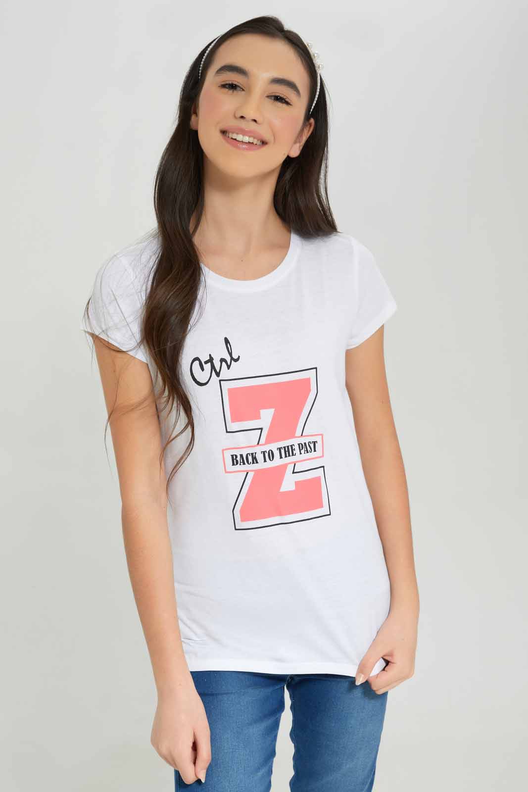 Redtag-Girls-White-S/S-T-Shirt-BTS,-Category:T-Shirts,-Colour:White,-Deals:New-In,-Dept:Girls,-Filter:Senior-Girls-(8-to-14-Yrs),-GSR-T-Shirts,-New-In-GSR-APL,-Non-Sale,-S23A,-Section:Girls-(0-to-14Yrs),-TBL-Senior-Girls-9 to 14 Years