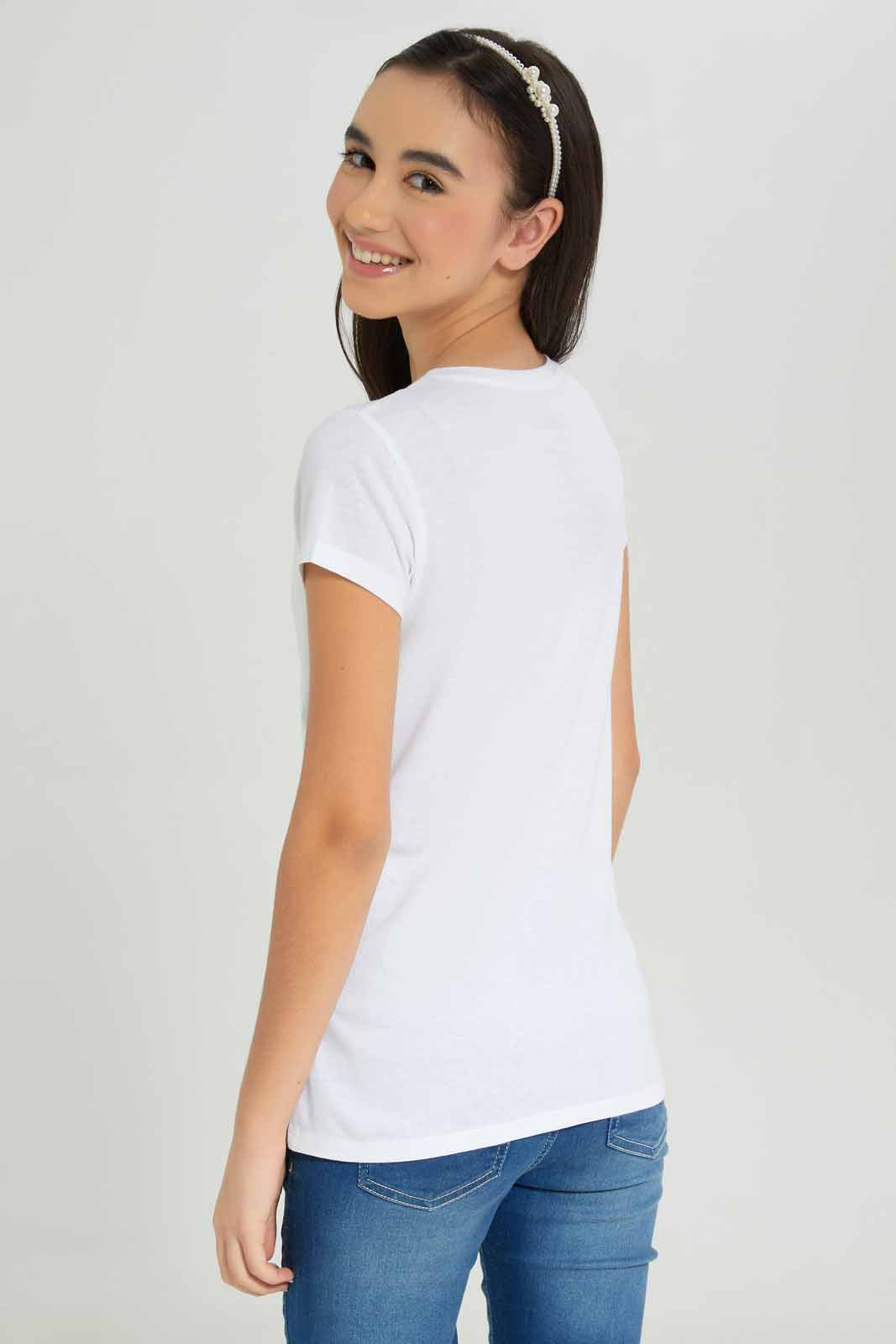 Redtag-Girls-White-S/S-T-Shirt-BTS,-Category:T-Shirts,-Colour:White,-Deals:New-In,-Dept:Girls,-Filter:Senior-Girls-(8-to-14-Yrs),-GSR-T-Shirts,-New-In-GSR-APL,-Non-Sale,-S23A,-Section:Girls-(0-to-14Yrs),-TBL-Senior-Girls-9 to 14 Years