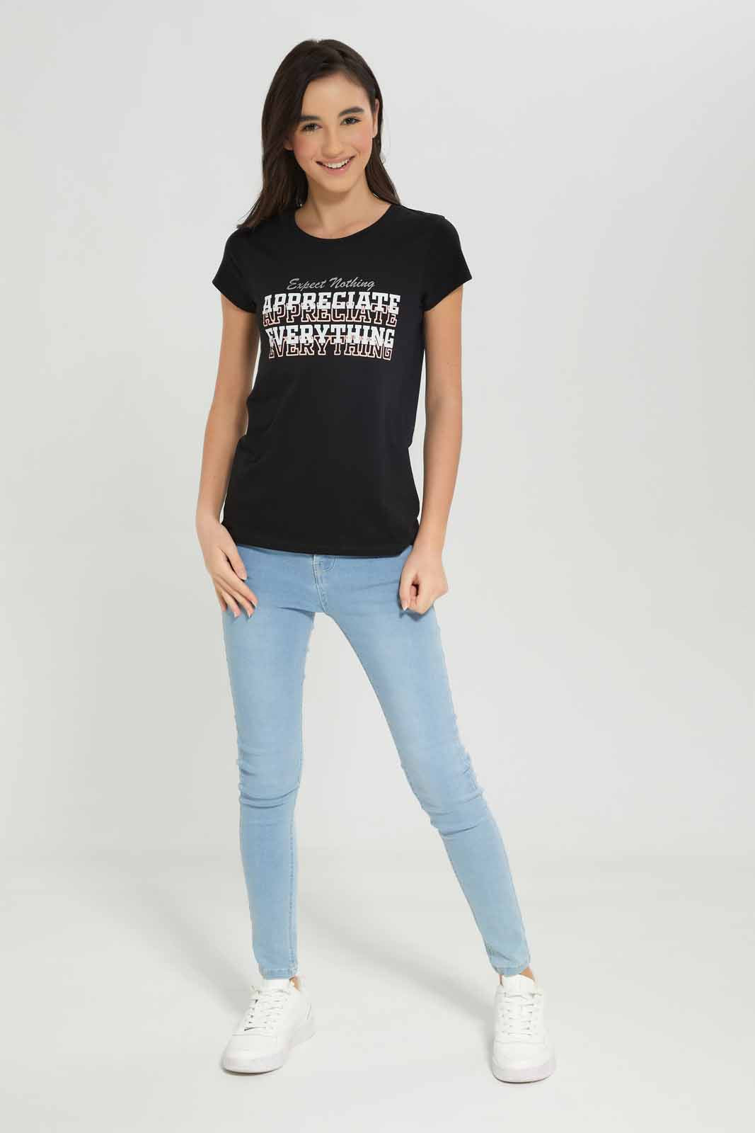 Redtag-Girls-Black-S/S-T-Shirt-BTS,-Category:T-Shirts,-Colour:Black,-Deals:New-In,-Dept:Girls,-Filter:Senior-Girls-(8-to-14-Yrs),-GSR-T-Shirts,-New-In-GSR-APL,-Non-Sale,-S23A,-Section:Girls-(0-to-14Yrs),-TBL-Senior-Girls-9 to 14 Years