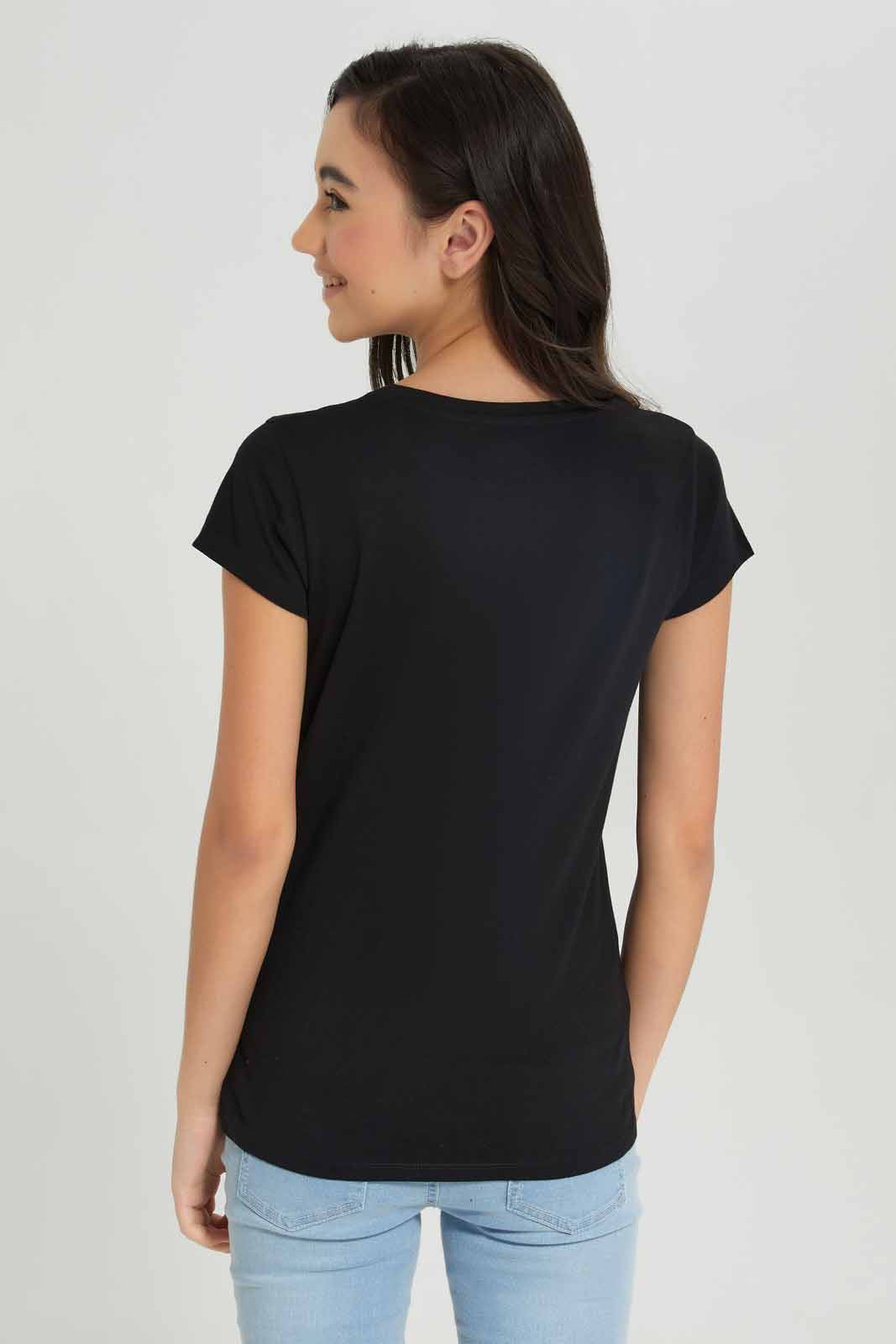 Redtag-Girls-Black-S/S-T-Shirt-BTS,-Category:T-Shirts,-Colour:Black,-Deals:New-In,-Dept:Girls,-Filter:Senior-Girls-(8-to-14-Yrs),-GSR-T-Shirts,-New-In-GSR-APL,-Non-Sale,-S23A,-Section:Girls-(0-to-14Yrs),-TBL-Senior-Girls-9 to 14 Years