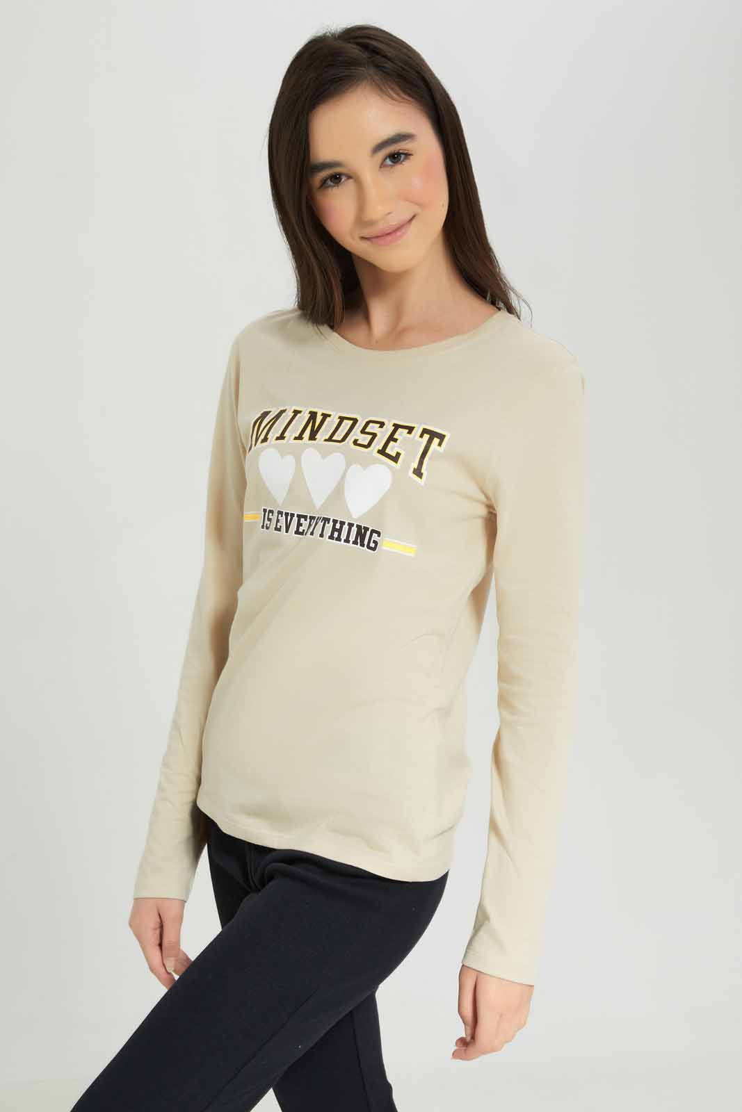 Redtag-Girls-Beige-L/S-T-Shirt-Category:T-Shirts,-Colour:Beige,-Deals:New-In,-Dept:Girls,-Filter:Senior-Girls-(8-to-14-Yrs),-GSR-T-Shirts,-New-In-GSR-APL,-Non-Sale,-S23A,-Section:Girls-(0-to-14Yrs),-TBL-Senior-Girls-9 to 14 Years