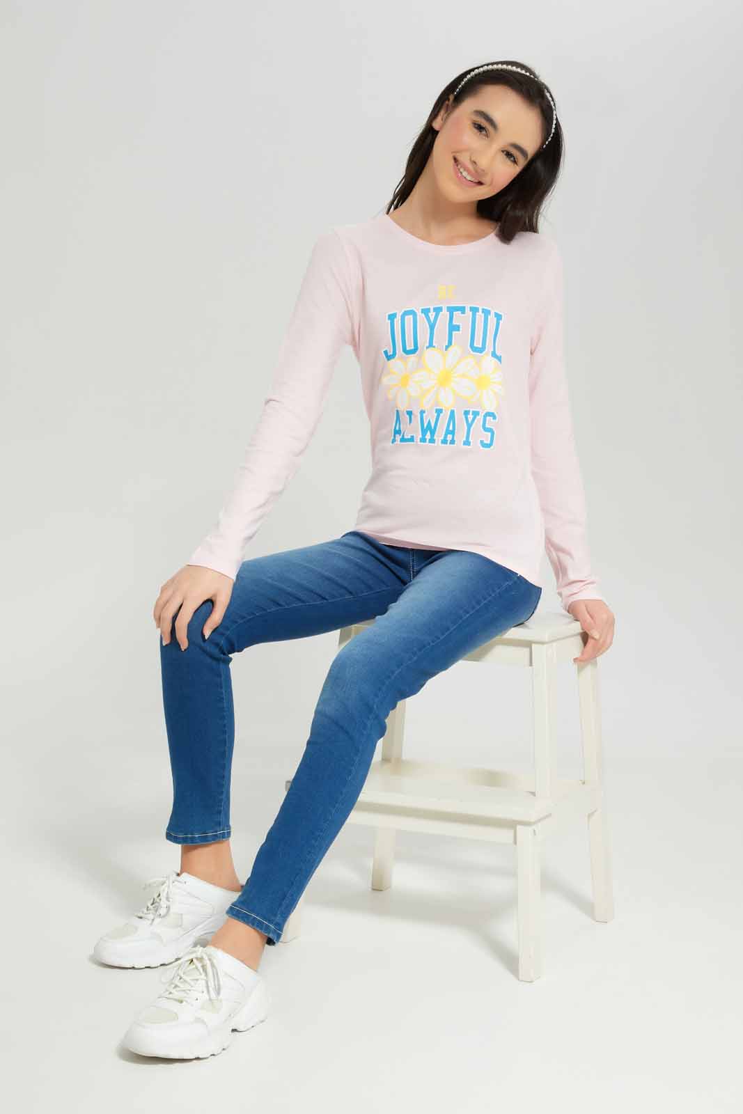 Redtag-Girls-Pale-Pink-L/S-T-Shirt-Category:T-Shirts,-Colour:Apricot,-Deals:New-In,-Dept:Girls,-Filter:Senior-Girls-(8-to-14-Yrs),-GSR-T-Shirts,-New-In-GSR-APL,-Non-Sale,-S23A,-Section:Girls-(0-to-14Yrs),-TBL-Senior-Girls-9 to 14 Years