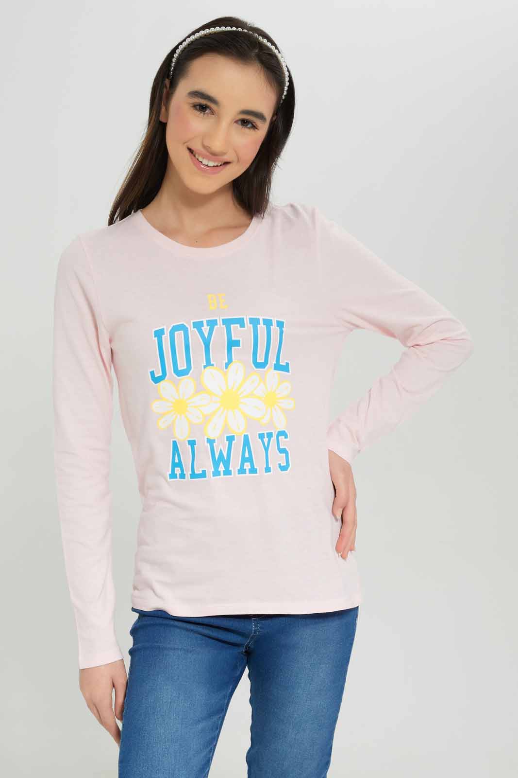 Redtag-Girls-Pale-Pink-L/S-T-Shirt-Category:T-Shirts,-Colour:Apricot,-Deals:New-In,-Dept:Girls,-Filter:Senior-Girls-(8-to-14-Yrs),-GSR-T-Shirts,-New-In-GSR-APL,-Non-Sale,-S23A,-Section:Girls-(0-to-14Yrs),-TBL-Senior-Girls-9 to 14 Years
