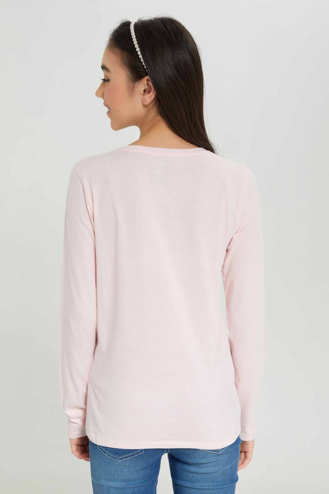 Redtag-Girls-Pale-Pink-L/S-T-Shirt-Category:T-Shirts,-Colour:Apricot,-Deals:New-In,-Dept:Girls,-Filter:Senior-Girls-(8-to-14-Yrs),-GSR-T-Shirts,-New-In-GSR-APL,-Non-Sale,-S23A,-Section:Girls-(0-to-14Yrs),-TBL-Senior-Girls-9 to 14 Years