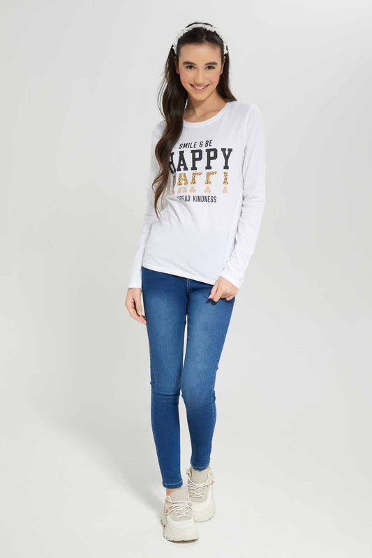 Redtag-Girls-White-L/S-T-Shirt-BTS,-Category:T-Shirts,-Colour:White,-Deals:New-In,-Dept:Girls,-Filter:Senior-Girls-(8-to-14-Yrs),-GSR-T-Shirts,-New-In-GSR-APL,-Non-Sale,-S23A,-Section:Girls-(0-to-14Yrs),-TBL-Senior-Girls-9 to 14 Years
