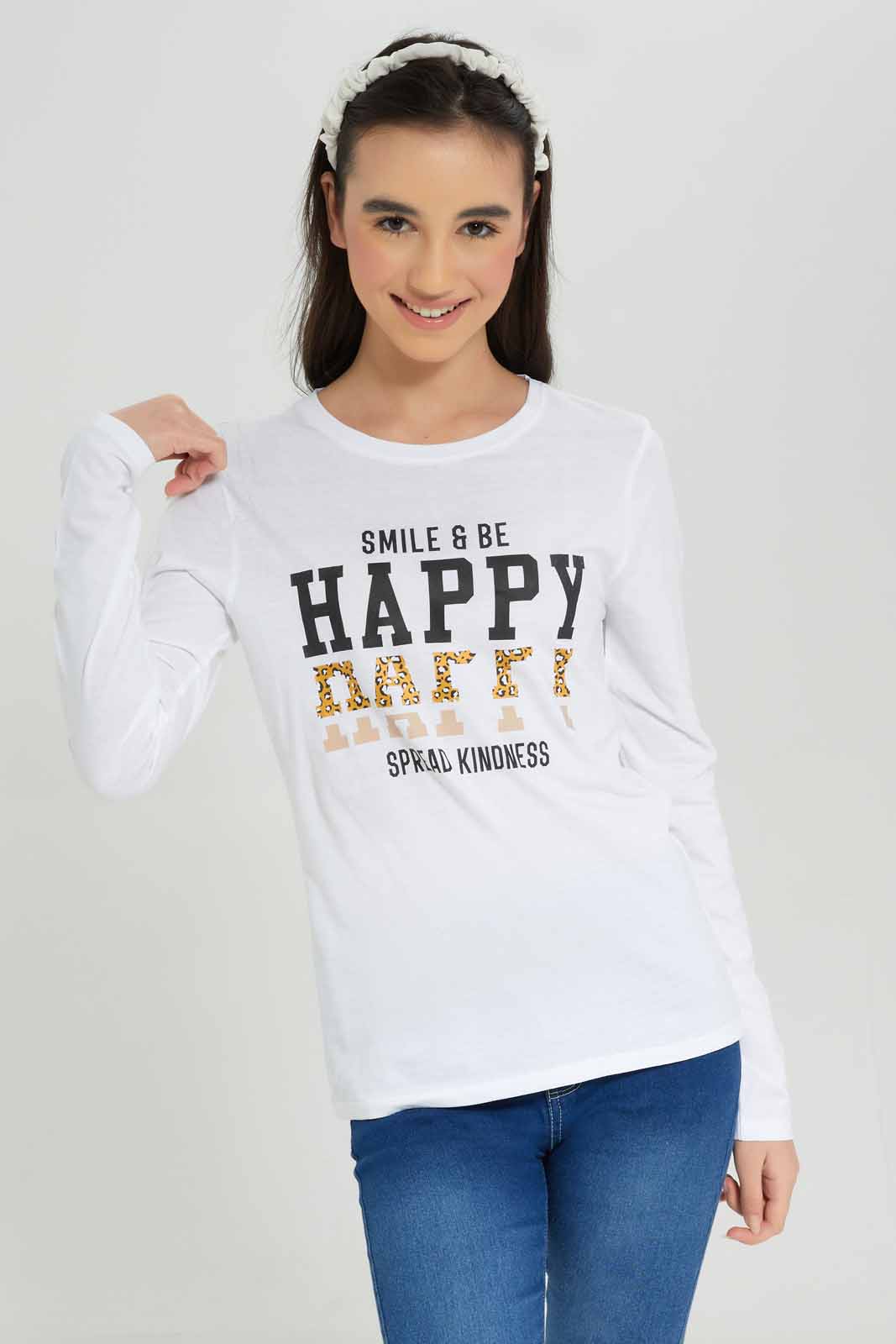 Redtag-Girls-White-L/S-T-Shirt-BTS,-Category:T-Shirts,-Colour:White,-Deals:New-In,-Dept:Girls,-Filter:Senior-Girls-(8-to-14-Yrs),-GSR-T-Shirts,-New-In-GSR-APL,-Non-Sale,-S23A,-Section:Girls-(0-to-14Yrs),-TBL-Senior-Girls-9 to 14 Years