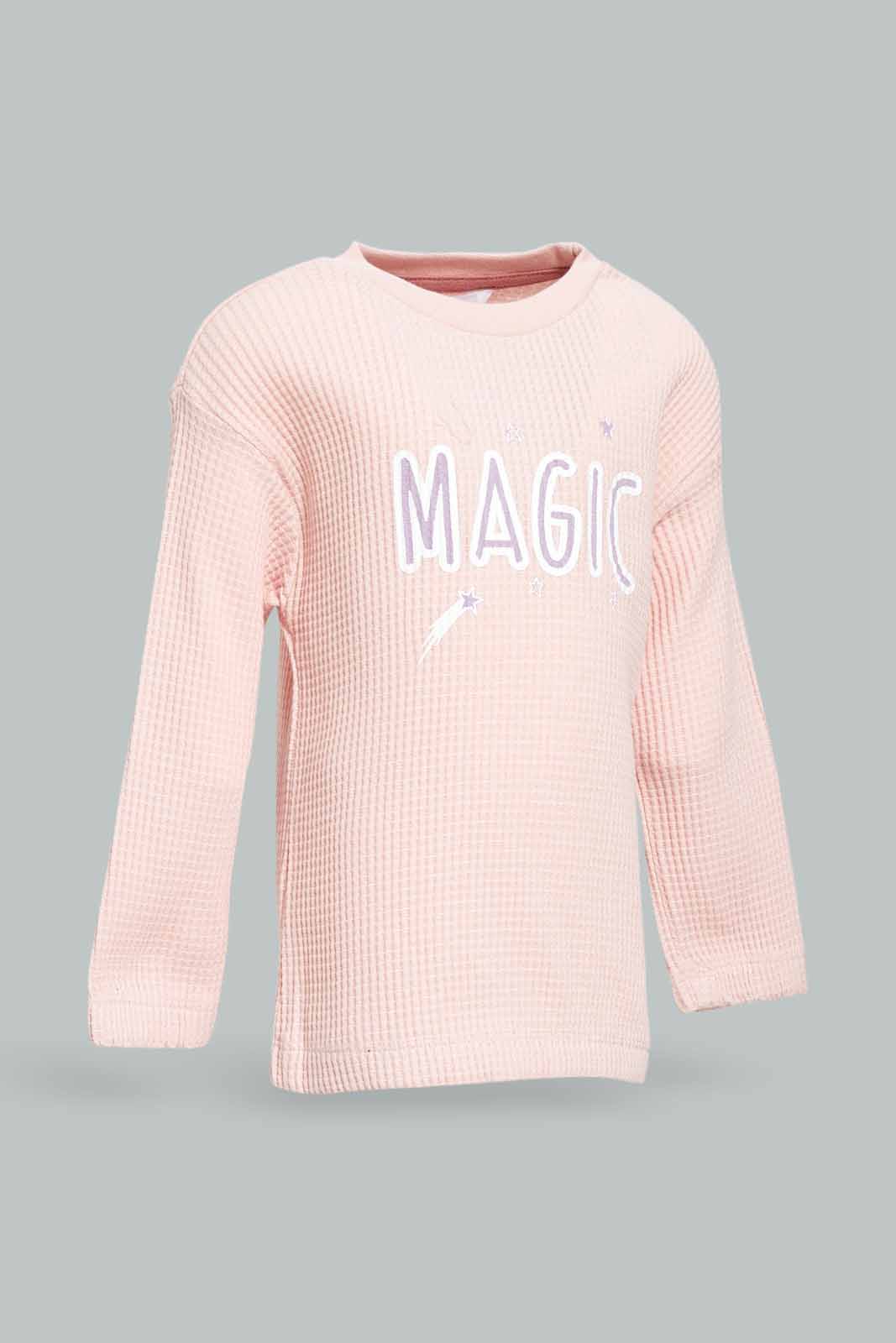 Redtag-Girls-Pink-Knit-Waffle-Pullover-Category:Pullovers,-Colour:Apricot,-Deals:New-In,-Dept:Girls,-Filter:Infant-Girls-(3-to-24-Mths),-ING-Pullovers,-New-In-ING-APL,-Non-Sale,-S23A,-Section:Girls-(0-to-14Yrs)-Infant-Girls-3 to 24 Months