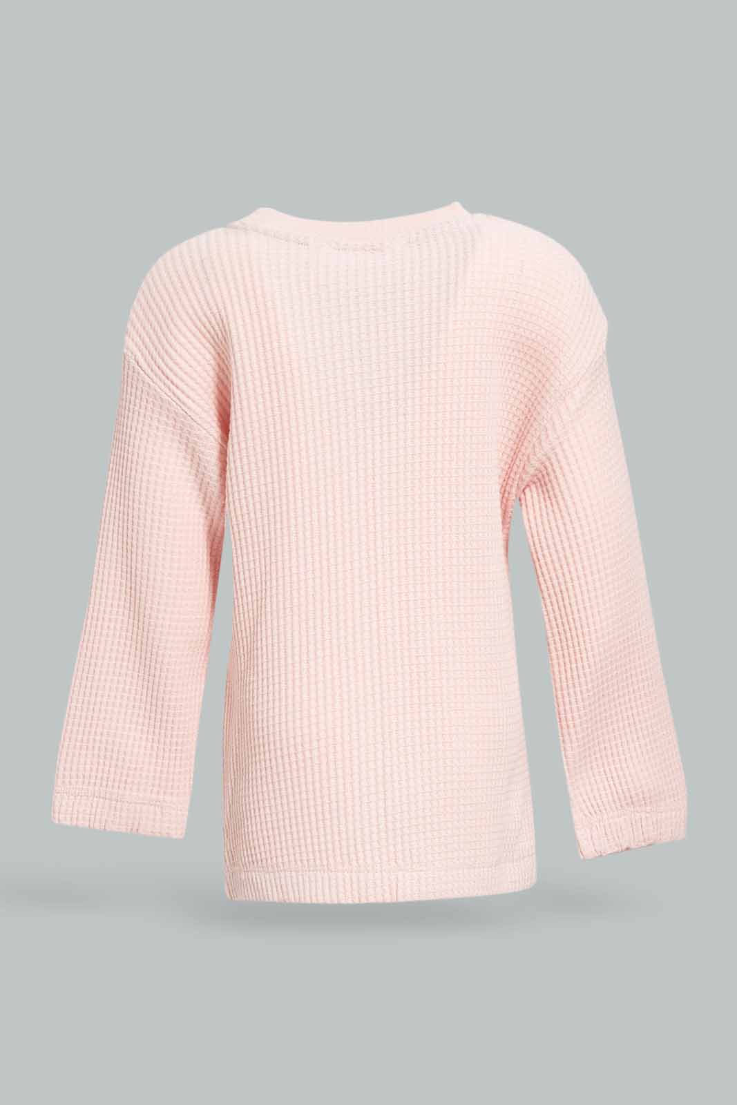 Redtag-Girls-Pink-Knit-Waffle-Pullover-Category:Pullovers,-Colour:Apricot,-Deals:New-In,-Dept:Girls,-Filter:Infant-Girls-(3-to-24-Mths),-ING-Pullovers,-New-In-ING-APL,-Non-Sale,-S23A,-Section:Girls-(0-to-14Yrs)-Infant-Girls-3 to 24 Months