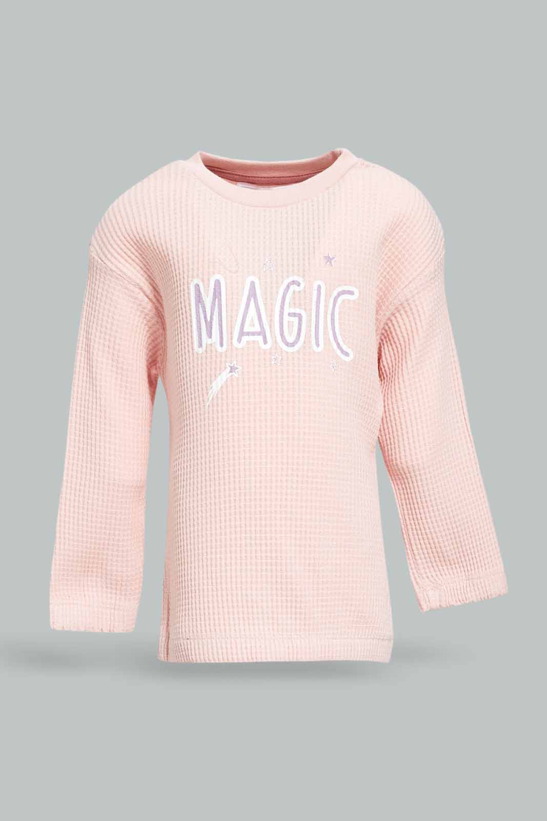 Redtag-Girls-Pink-Knit-Waffle-Pullover-Category:Pullovers,-Colour:Apricot,-Deals:New-In,-Dept:Girls,-Filter:Infant-Girls-(3-to-24-Mths),-ING-Pullovers,-New-In-ING-APL,-Non-Sale,-S23A,-Section:Girls-(0-to-14Yrs)-Infant-Girls-3 to 24 Months