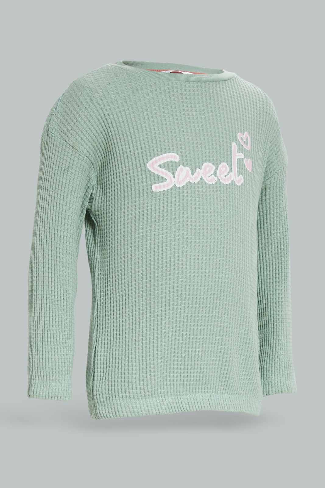Redtag-Girls-Sage-Knit-Waffle-Pullover-Category:Pullovers,-Colour:Green,-Deals:New-In,-Dept:Girls,-Filter:Infant-Girls-(3-to-24-Mths),-ING-Pullovers,-New-In-ING-APL,-Non-Sale,-S23A,-Section:Girls-(0-to-14Yrs)-Infant-Girls-