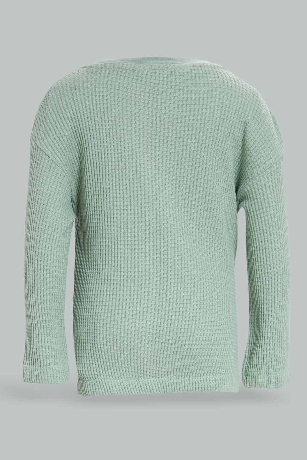 Redtag-Girls-Sage-Knit-Waffle-Pullover-Category:Pullovers,-Colour:Green,-Deals:New-In,-Dept:Girls,-Filter:Infant-Girls-(3-to-24-Mths),-ING-Pullovers,-New-In-ING-APL,-Non-Sale,-S23A,-Section:Girls-(0-to-14Yrs)-Infant-Girls-