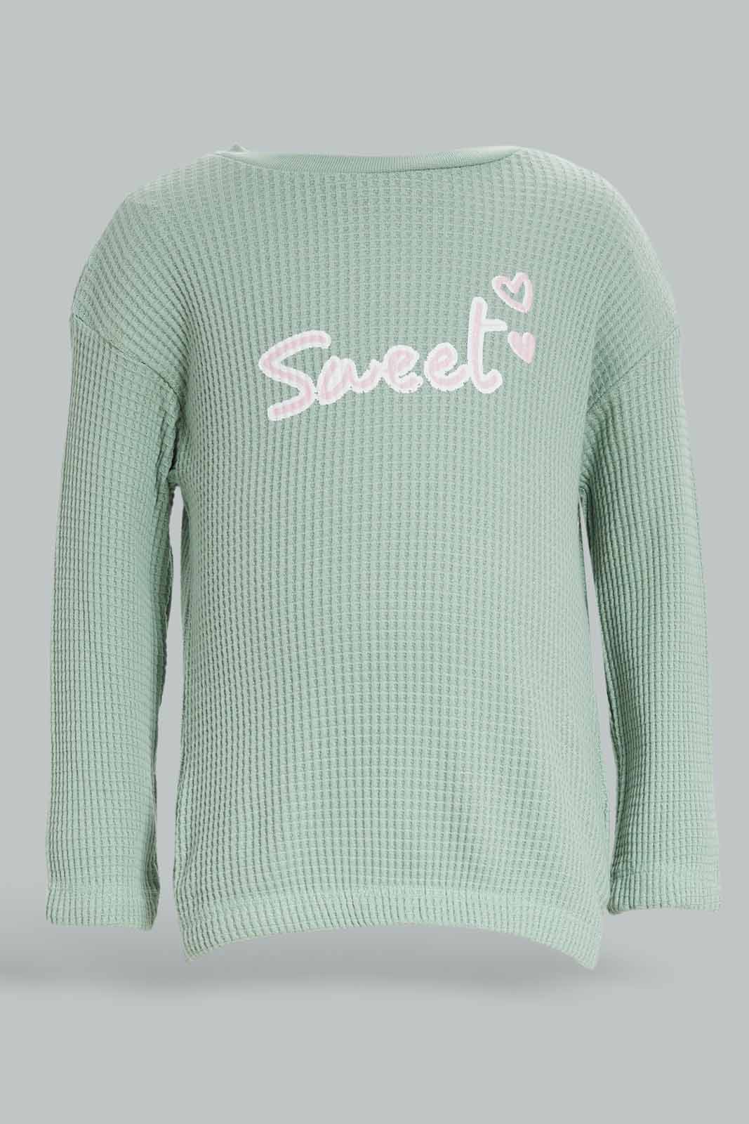 Redtag-Girls-Sage-Knit-Waffle-Pullover-Category:Pullovers,-Colour:Green,-Deals:New-In,-Dept:Girls,-Filter:Infant-Girls-(3-to-24-Mths),-ING-Pullovers,-New-In-ING-APL,-Non-Sale,-S23A,-Section:Girls-(0-to-14Yrs)-Infant-Girls-
