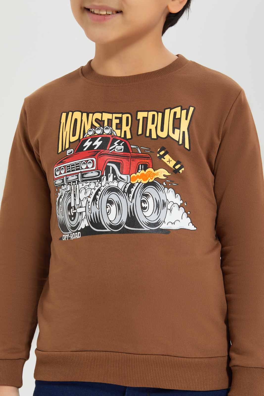 Redtag-Boys-Brown-Truck-Print-Crew-Neck-Sweatshirt-BOY-Sweatshirts,-Category:Sweatshirts,-Colour:Brown,-Deals:New-In,-Dept:Boys,-Filter:Boys-(2-to-8-Yrs),-New-In-BOY-APL,-Non-Sale,-S23A,-Section:Boys-(0-to-14Yrs),-TBL-Boys-2 to 8 Years