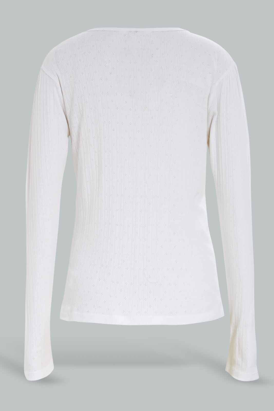Redtag-Girls-White-Pointelle-Top-Category:T-Shirts,-Colour:White,-Deals:New-In,-Dept:Girls,-Filter:Senior-Girls-(8-to-14-Yrs),-GSR-T-Shirts,-New-In-GSR-APL,-Non-Sale,-S23A,-Section:Girls-(0-to-14Yrs),-TBL-Senior-Girls-9 to 14 Years