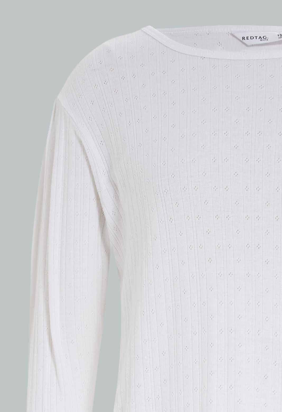 Redtag-Girls-White-Pointelle-Top-Category:T-Shirts,-Colour:White,-Deals:New-In,-Dept:Girls,-Filter:Senior-Girls-(8-to-14-Yrs),-GSR-T-Shirts,-New-In-GSR-APL,-Non-Sale,-S23A,-Section:Girls-(0-to-14Yrs),-TBL-Senior-Girls-9 to 14 Years