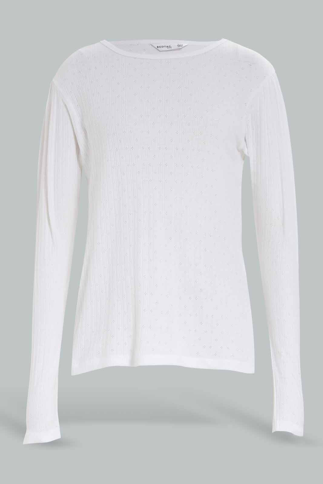 Redtag-Girls-White-Pointelle-Top-Category:T-Shirts,-Colour:White,-Deals:New-In,-Dept:Girls,-Filter:Senior-Girls-(8-to-14-Yrs),-GSR-T-Shirts,-New-In-GSR-APL,-Non-Sale,-S23A,-Section:Girls-(0-to-14Yrs),-TBL-Senior-Girls-9 to 14 Years