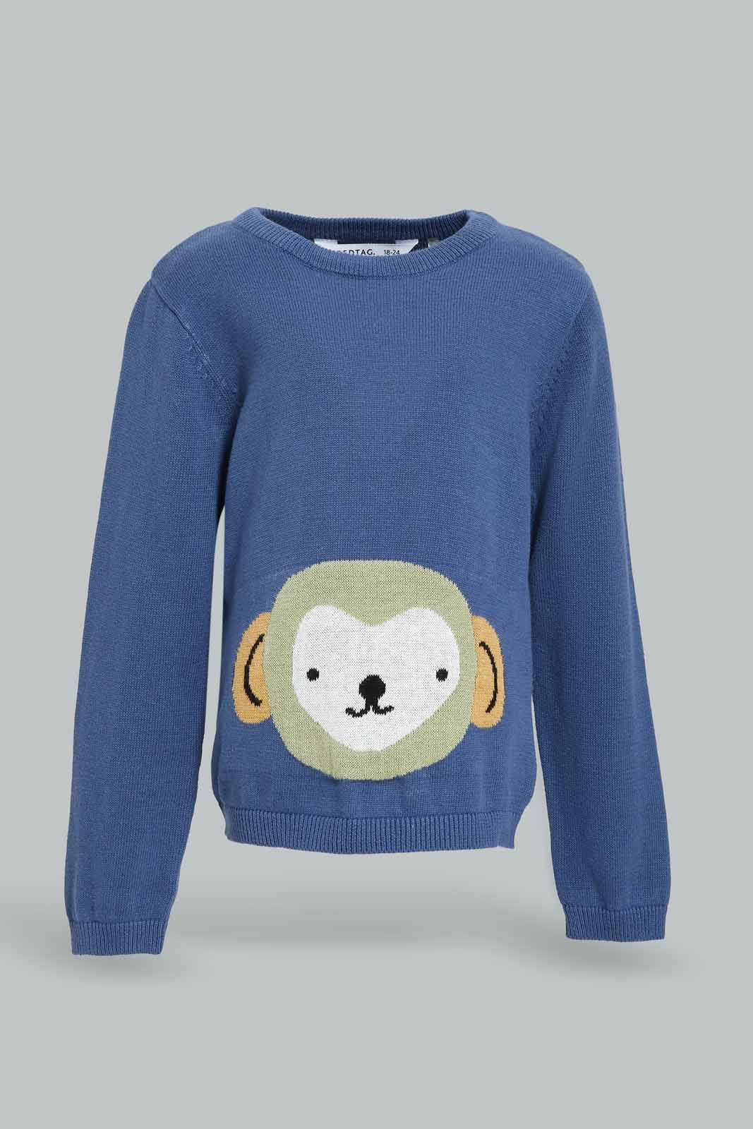 Redtag-Boys-Bule-Monkey-Jacquard-Crewbeck-Pullover-Category:Pullovers,-Colour:Blue,-Deals:New-In,-Dept:Boys,-Filter:Infant-Boys-(3-to-24-Mths),-INB-Pullovers,-New-In-INB-APL,-Non-Sale,-S23A,-Section:Boys-(0-to-14Yrs)-Infant-Boys-3 to 24 Months