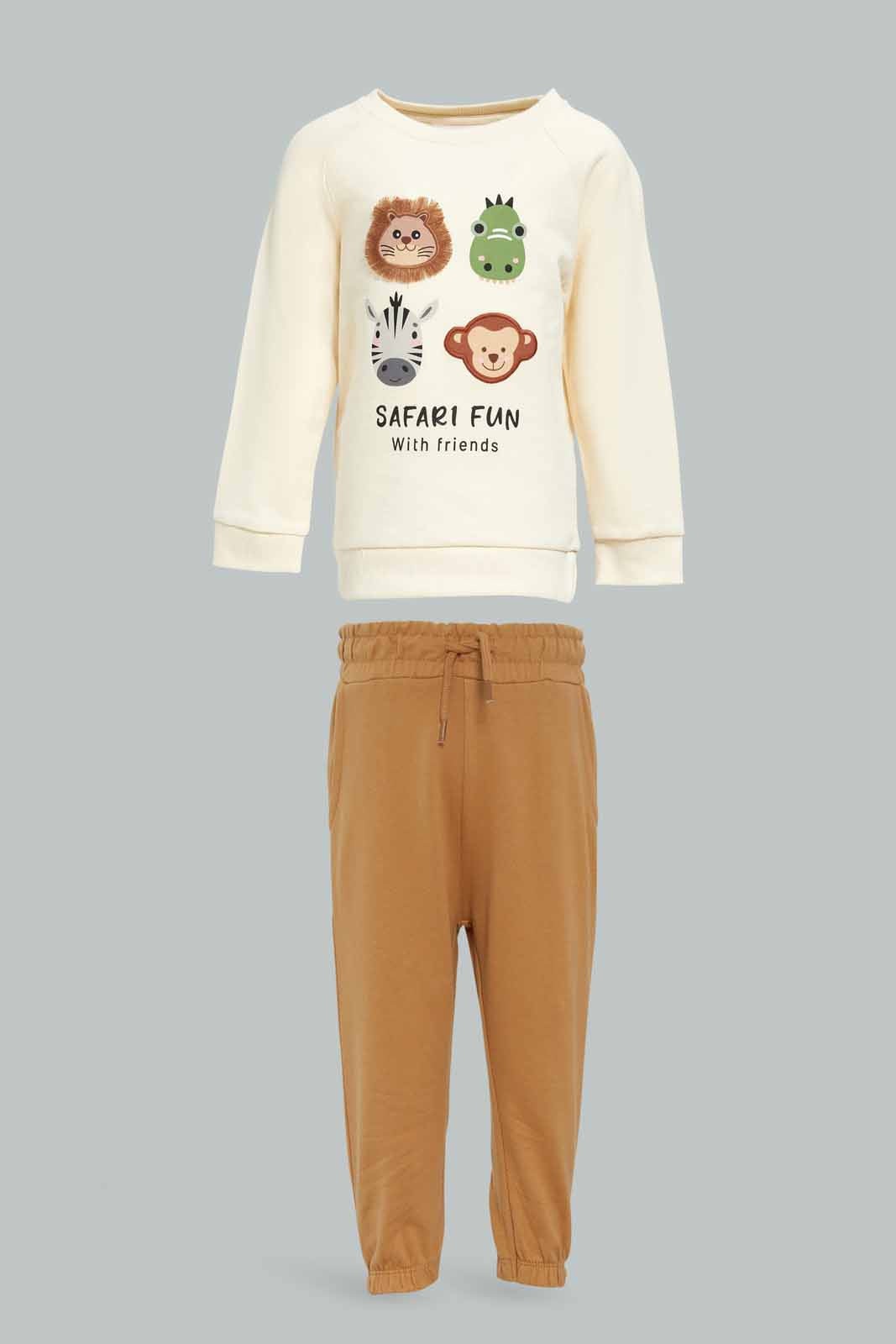 Redtag-Boys-Ecru-Jungle-Aop-Top-And-Beige-Bottom-Crew-Jogging-Suit-Category:Jog-Sets,-Colour:Ecru,-Deals:New-In,-Dept:Boys,-Filter:Infant-Boys-(3-to-24-Mths),-INB-Jog-Sets,-New-In-INB-APL,-Non-Sale,-S23A,-Section:Boys-(0-to-14Yrs)-Infant-Boys-3 to 24 Months