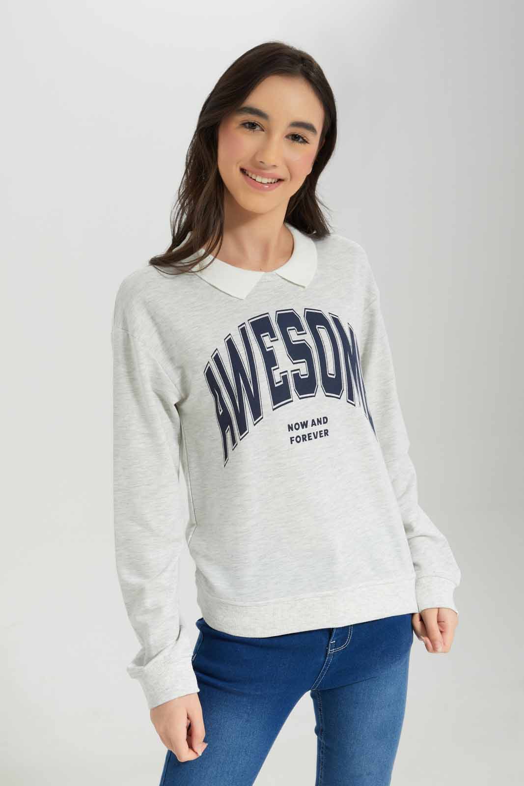 Redtag-Girls-Grey-Melange-Collared-Sweatshirts-Category:Sweatshirts,-Colour:Grey,-Deals:New-In,-Dept:Girls,-Filter:Senior-Girls-(8-to-14-Yrs),-GSR-Sweatshirts,-New-In-GSR-APL,-Non-Sale,-S23A,-Section:Girls-(0-to-14Yrs),-TBL-Senior-Girls-9 to 14 Years