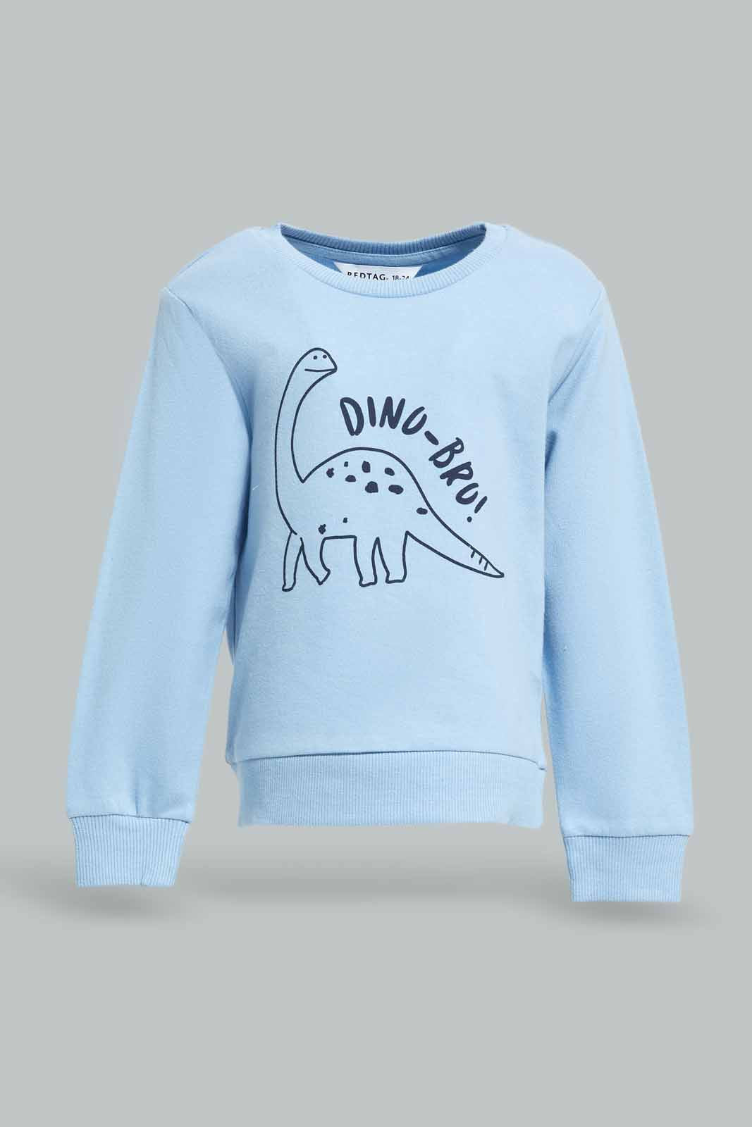 Redtag-Boys-Blue-Dino-Bru-Ls-Sweatshirts-Category:Sweatshirts,-Colour:Blue,-Deals:New-In,-Dept:Boys,-Filter:Infant-Boys-(3-to-24-Mths),-INB-Sweatshirts,-New-In-INB-APL,-Non-Sale,-S23A,-Section:Boys-(0-to-14Yrs),-TBL-Infant-Boys-3 to 24 Months