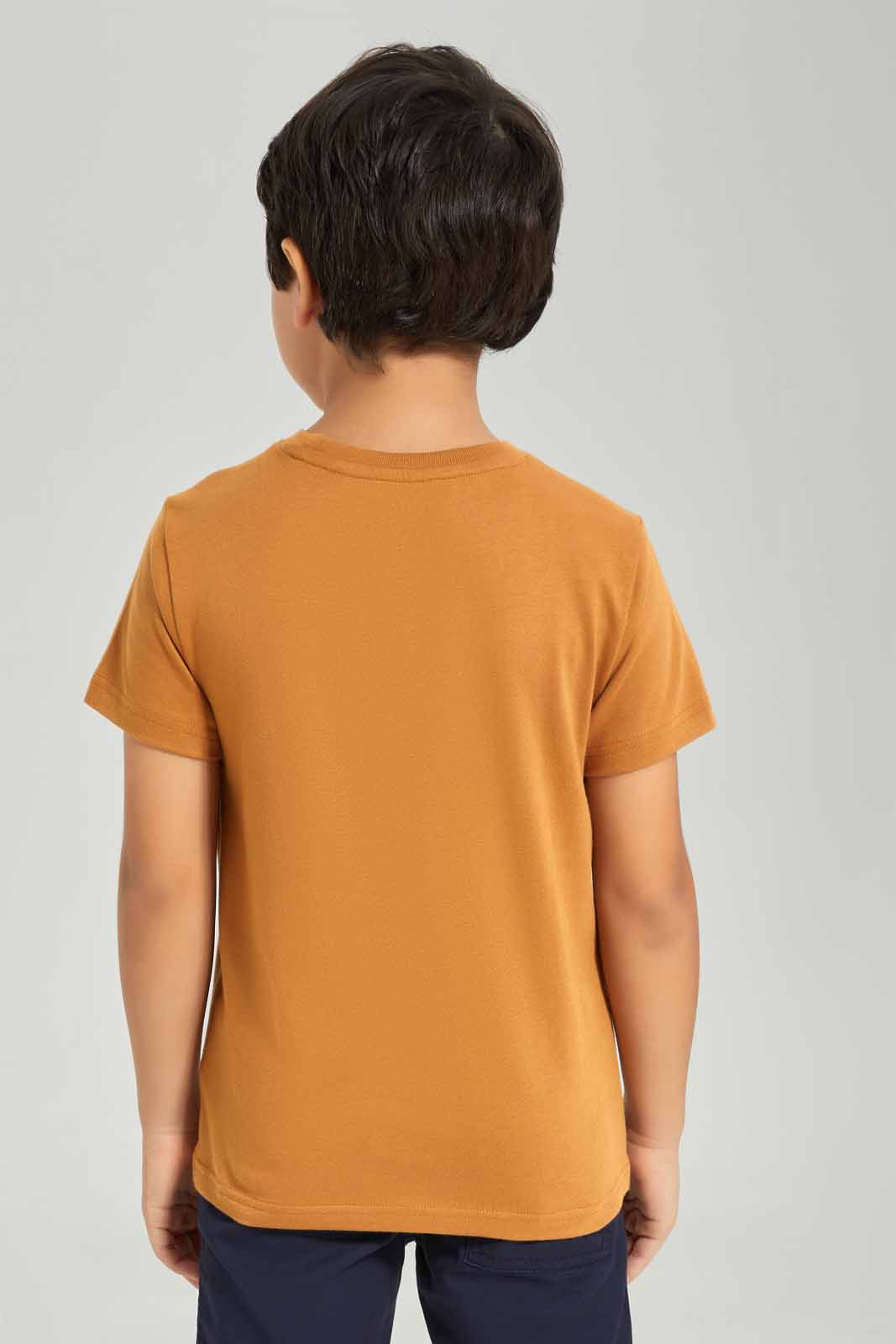 Redtag-Boys-Brown-Dino-Graphic-Short-Sleeve-T-Shirt-BOY-T-Shirts,-Category:T-Shirts,-Colour:Brown,-Deals:New-In,-Dept:Boys,-Filter:Boys-(2-to-8-Yrs),-New-In-BOY-APL,-Non-Sale,-S23A,-Section:Boys-(0-to-14Yrs),-TBL-Boys-2 to 8 Years