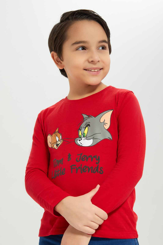 Redtag-Boys-Red-Tom-And-Jerry-Character-Long-Sleeve-T-Shirt-BOY-T-Shirts,-Category:T-Shirts,-CHA,-Colour:Red,-Deals:New-In,-Dept:Boys,-Filter:Boys-(2-to-8-Yrs),-New-In-BOY-APL,-Non-Sale,-S23A,-Section:Boys-(0-to-14Yrs),-TBL-Boys-2 to 8 Years