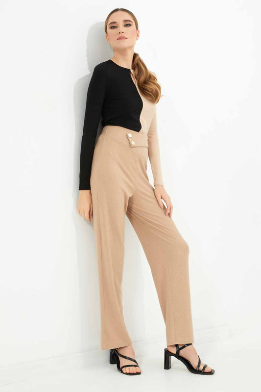 Redtag-Women-Flared-Trouser-With-Buttons-Category:Trousers,-Colour:Beige,-Deals:New-In,-Dept:Ladieswear,-Filter:Women's-Clothing,-LEC,-LEC-Trousers,-New-In-LEC-APL,-Non-Sale,-S23A,-Section:Women-Women's-