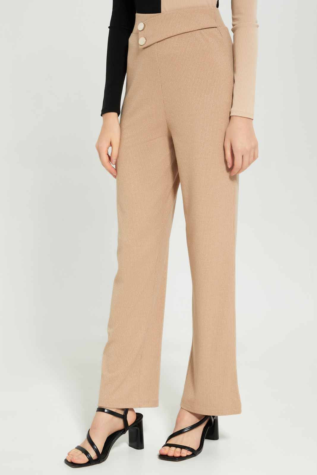 Redtag-Women-Flared-Trouser-With-Buttons-Category:Trousers,-Colour:Beige,-Deals:New-In,-Dept:Ladieswear,-Filter:Women's-Clothing,-LEC,-LEC-Trousers,-New-In-LEC-APL,-Non-Sale,-S23A,-Section:Women-Women's-
