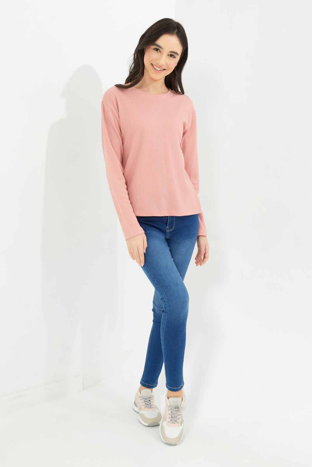Redtag-Girls-Pink-Jacquard-Top-Category:T-Shirts,-Colour:Apricot,-Deals:New-In,-Dept:Girls,-Filter:Senior-Girls-(8-to-14-Yrs),-GSR-T-Shirts,-New-In-GSR-APL,-Non-Sale,-S23A,-Section:Girls-(0-to-14Yrs),-TBL-Senior-Girls-9 to 14 Years