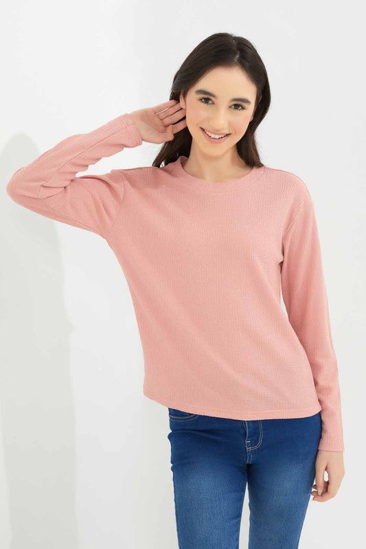Redtag-Girls-Pink-Jacquard-Top-Category:T-Shirts,-Colour:Apricot,-Deals:New-In,-Dept:Girls,-Filter:Senior-Girls-(8-to-14-Yrs),-GSR-T-Shirts,-New-In-GSR-APL,-Non-Sale,-S23A,-Section:Girls-(0-to-14Yrs),-TBL-Senior-Girls-9 to 14 Years