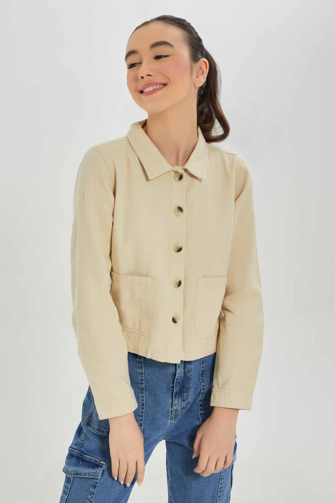 Redtag-Girls-Beige-Biker-Jackets-Category:Jackets,-Colour:Beige,-Deals:New-In,-Dept:Girls,-Filter:Senior-Girls-(8-to-14-Yrs),-GSR-Jackets,-New-In-GSR-APL,-Non-Sale,-S23A,-Section:Girls-(0-to-14Yrs)-Senior-Girls-9 to 14 Years