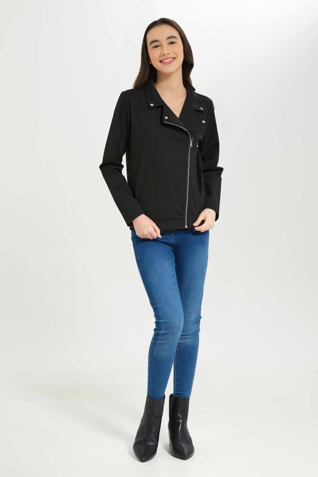 Redtag-Girls-Black-Biker-Ponte-Jacket-Category:Jackets,-Colour:Black,-Deals:New-In,-Dept:Girls,-Filter:Senior-Girls-(8-to-14-Yrs),-GSR-Jackets,-New-In-GSR-APL,-Non-Sale,-S23A,-Section:Girls-(0-to-14Yrs)-Senior-Girls-