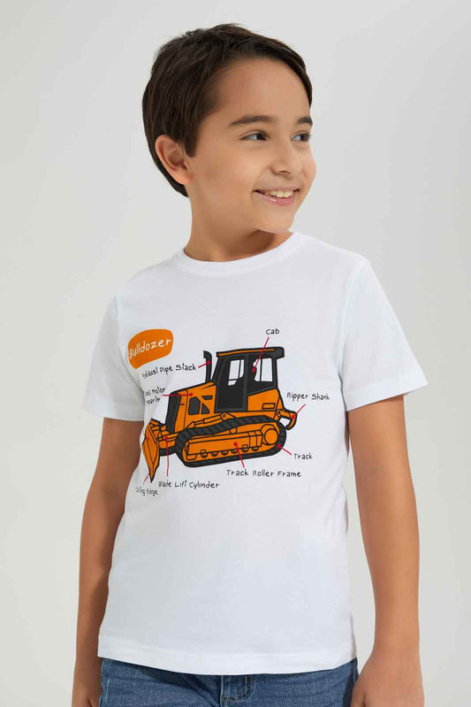 Redtag-Boys-White-Bulldozer-Short-Sleeve-Graphic-T-Shirt-BOY-T-Shirts,-Category:T-Shirts,-Colour:White,-Deals:New-In,-Dept:Boys,-Filter:Boys-(2-to-8-Yrs),-New-In-BOY-APL,-Non-Sale,-S23A,-Section:Boys-(0-to-14Yrs),-TBL-Boys-2 to 8 Years