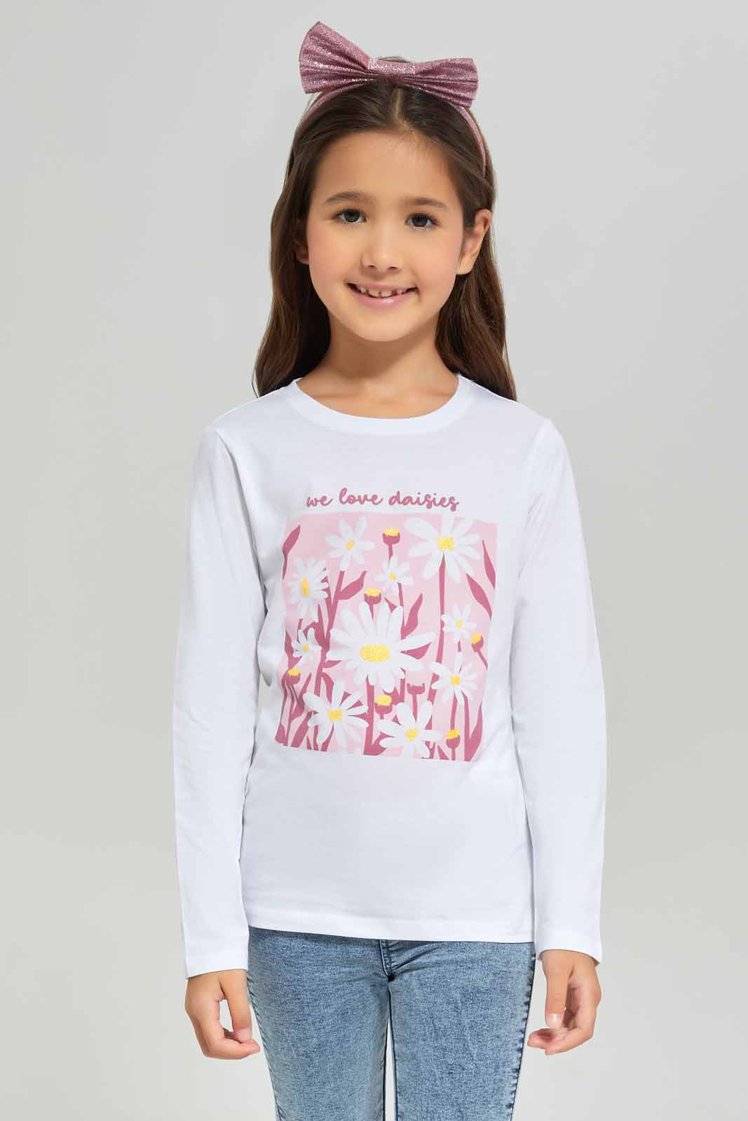 Redtag-Girls-White-Daisy-Print-Tee-Category:T-Shirts,-Colour:White,-Deals:New-In,-Dept:Girls,-Filter:Girls-(2-to-8-Yrs),-GIR-T-Shirts,-New-In-GIR-APL,-Non-Sale,-S23A,-Section:Girls-(0-to-14Yrs),-TBL-Girls-2 to 8 Years