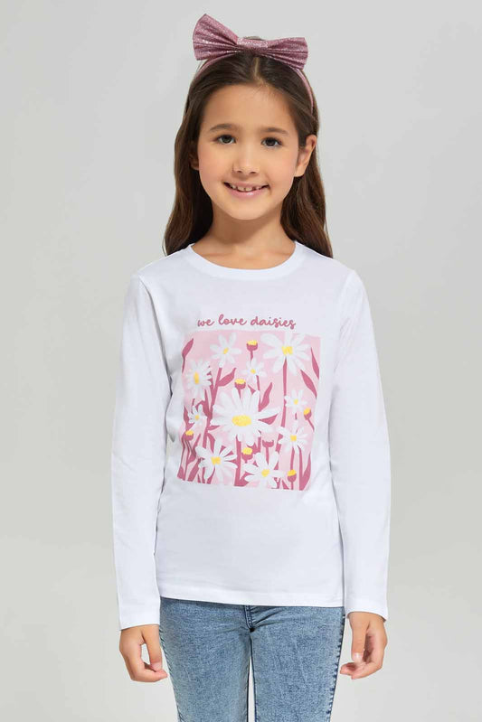 Redtag-Girls-White-Daisy-Print-Tee-Category:T-Shirts,-Colour:White,-Deals:New-In,-Dept:Girls,-Filter:Girls-(2-to-8-Yrs),-GIR-T-Shirts,-New-In-GIR-APL,-Non-Sale,-S23A,-Section:Girls-(0-to-14Yrs),-TBL-Girls-2 to 8 Years