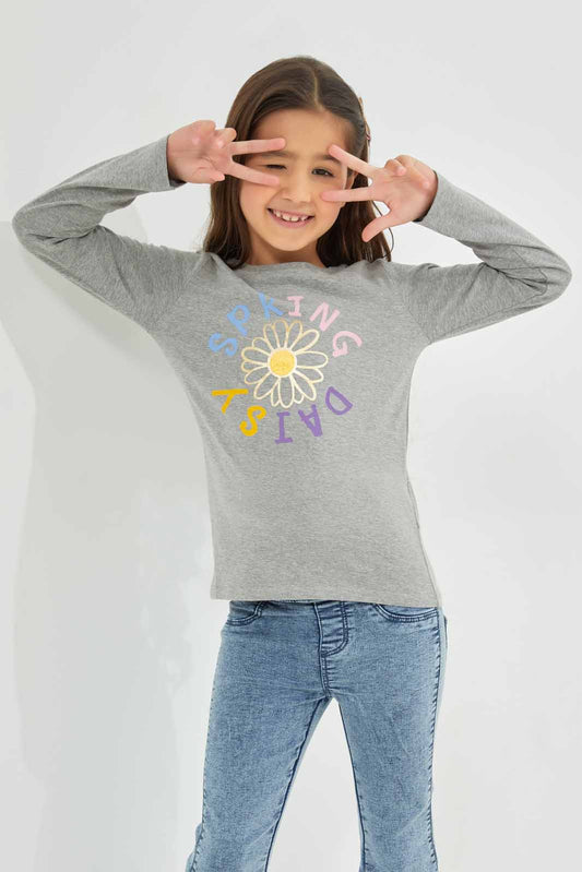 Redtag-Girls-Grey-Slogan-Tee-Category:T-Shirts,-Colour:Grey,-Deals:New-In,-Dept:Girls,-Filter:Girls-(2-to-8-Yrs),-GIR-T-Shirts,-New-In-GIR-APL,-Non-Sale,-S23A,-Section:Girls-(0-to-14Yrs),-TBL-Girls-2 to 8 Years