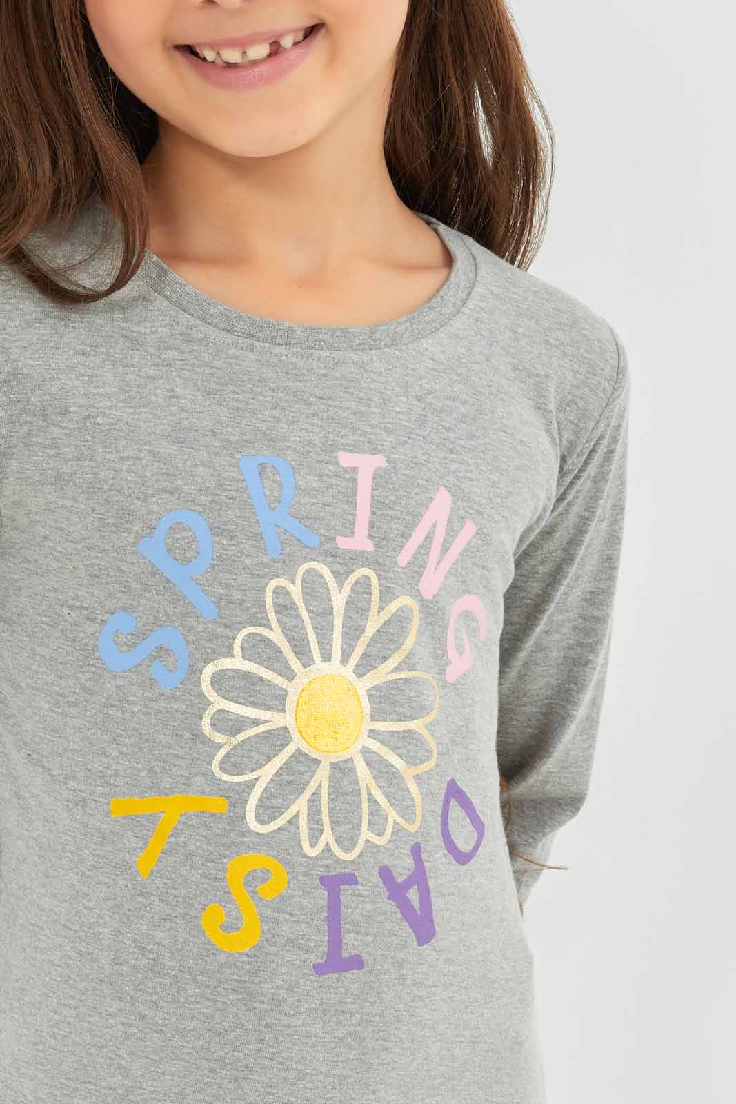 Redtag-Girls-Grey-Slogan-Tee-Category:T-Shirts,-Colour:Grey,-Deals:New-In,-Dept:Girls,-Filter:Girls-(2-to-8-Yrs),-GIR-T-Shirts,-New-In-GIR-APL,-Non-Sale,-S23A,-Section:Girls-(0-to-14Yrs),-TBL-Girls-2 to 8 Years
