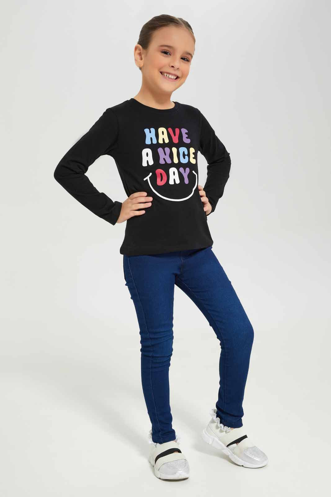 Redtag-Girls-Black-Slogan-Tee-Category:T-Shirts,-Colour:Black,-Deals:New-In,-Dept:Girls,-Filter:Girls-(2-to-8-Yrs),-GIR-T-Shirts,-New-In-GIR-APL,-Non-Sale,-S23A,-Section:Girls-(0-to-14Yrs),-TBL-Girls-2 to 8 Years